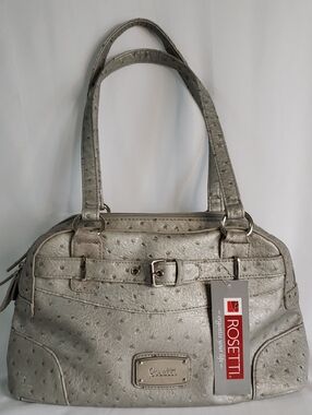 Rosetti Metallic Silver/Pale Gray Ostrich Embossed Handbag with Buckle Accent